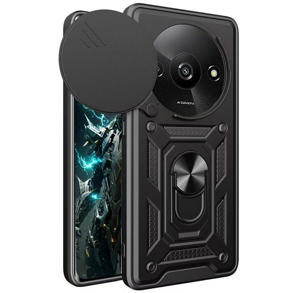 CSmall for Xiaomi Redmi A3 Case with Slide Camera Lens Cover, Military Grade Shockproof Protection Cover with Rotate Ring Kickstand Case for Redmi A3 SJ Black
