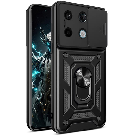 CSmall for Xiaomi Redmi Note 13 Pro 4G Case with Slide Camera Lens Cover, Military Grade Shockproof Protection Cover with Ring Kickstand Case for Redmi Note 13 Pro 4G /Poco M6 Pro SJ Black