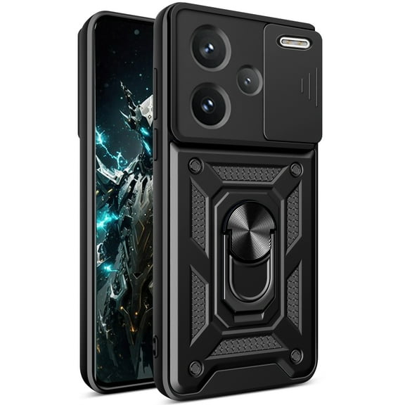 CSmall for Xiaomi Redmi Note 13 Pro+ Plus 5G Case with Slide Camera Lens Cover, Military Grade Shockproof Protection Cover with Ring Kickstand Case for Redmi Note 13 Pro Plus 5G SJ Black