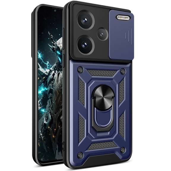 CSmall for Xiaomi Redmi Note 13 Pro+ Plus 5G Case with Slide Camera Lens Cover, Military Grade Shockproof Protection Cover with Ring Kickstand Case for Redmi Note 13 Pro Plus 5G SJ Blue