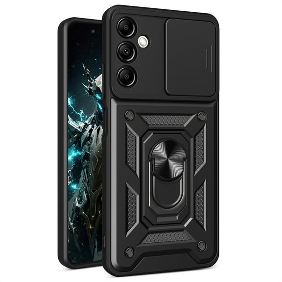CSmaller for Samsung Galaxy A15 Case with Slide Camera Cover for Men, Military Grade Drop Proof Phone Cover with Rotate Ring Kickstand Lens Protection Case for Samsung Galaxy A15 SJ Black