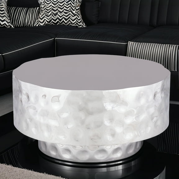 CT-90-30-30 Modern Silver Stainless Steel Round Coffee Table - 30" Glossy Hammered Metal Accent for Living Room & End Table, Freestanding, India