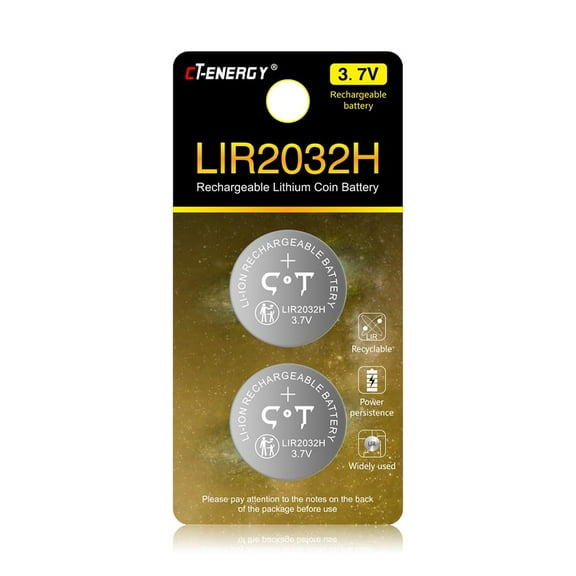 CT-ENERGY Lir2032h Battery 2pcs Rechargeable for Key Fob,3.7V High Capacity 70mAh Rechargeable cr2032 Button Cells Batteries