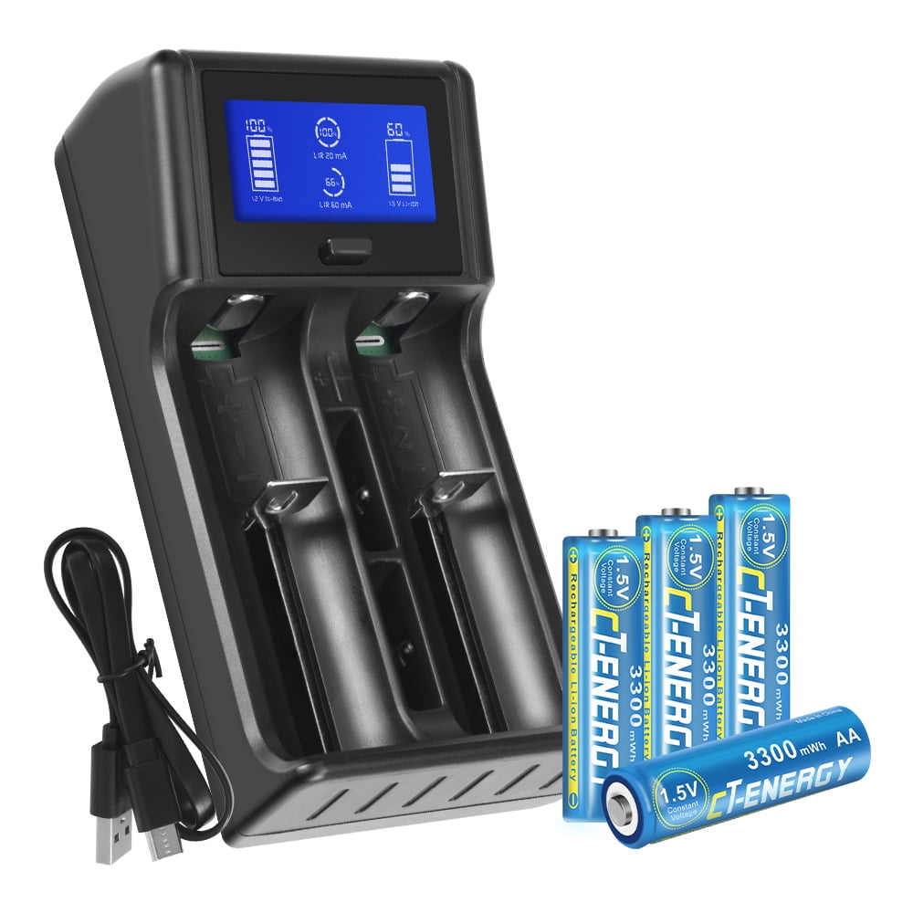 CT-ENERGY AA Rechargeable Lithium Batteries with Charger Quick Charging Double AA Battery 1.5V 4 Pack for Monitor