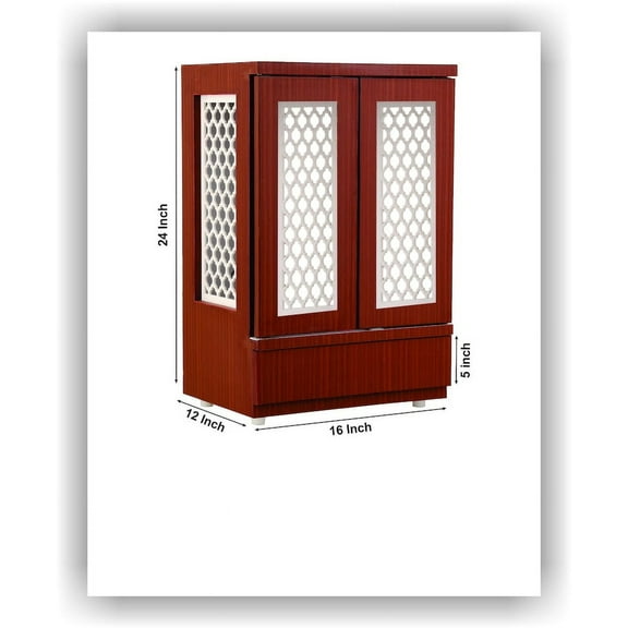 CT&M Enterprises Customized Brown Wooden Temple with Doors and LED Lights for Home & Office Wall Hanging and Tabletop Puja Mandir 24x16x12 Inches