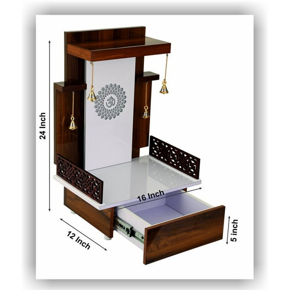 CT&M Enterprises Temples Customized Wooden Brown temple with LED Light for Home and Office Puja Mandir Wall Hanging & Table Top White Mandir 24x16x12 Inches