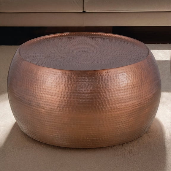 CT501: Modern Round Aluminum 32" Coffee Table with Hand-Hammered Antique Copper Design