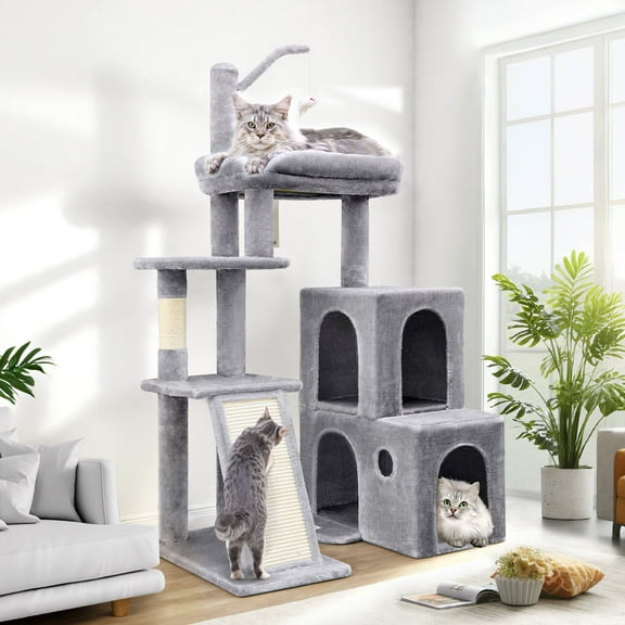 CT51F Cat Tree Tower for Large Indoor Cats | 50-Inch Heavy-Duty Cat Condo featuring Extra-Large Padded Platform, Sisal Scratching Board, and 2 Spacious Condos, Light Grey