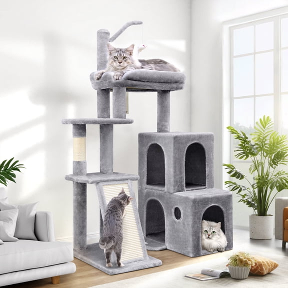 CT51F Cat Tree Tower for Large Indoor Cats | 50-Inch Heavy-Duty Cat Condo featuring Extra-Large Padded Platform, Sisal Scratching Board, and 2 Spacious Condos, Light Grey