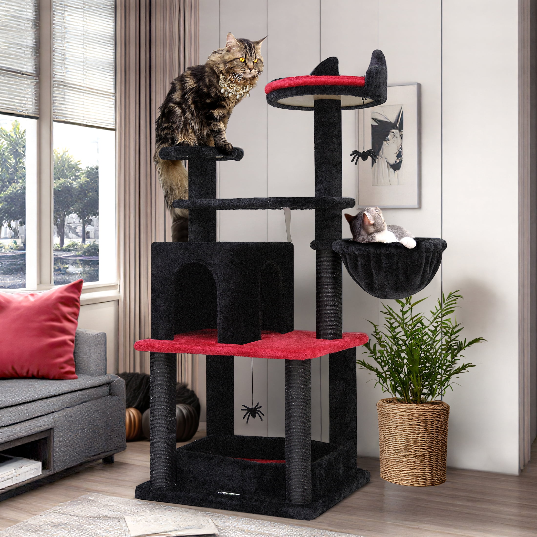 CT53F Gothic Cat Tree | 52-inch Gothic Cat Tower featuring a Coffin Bed, Scratching Posts, Cozy Caves, and a Hammock for Indoor Cats