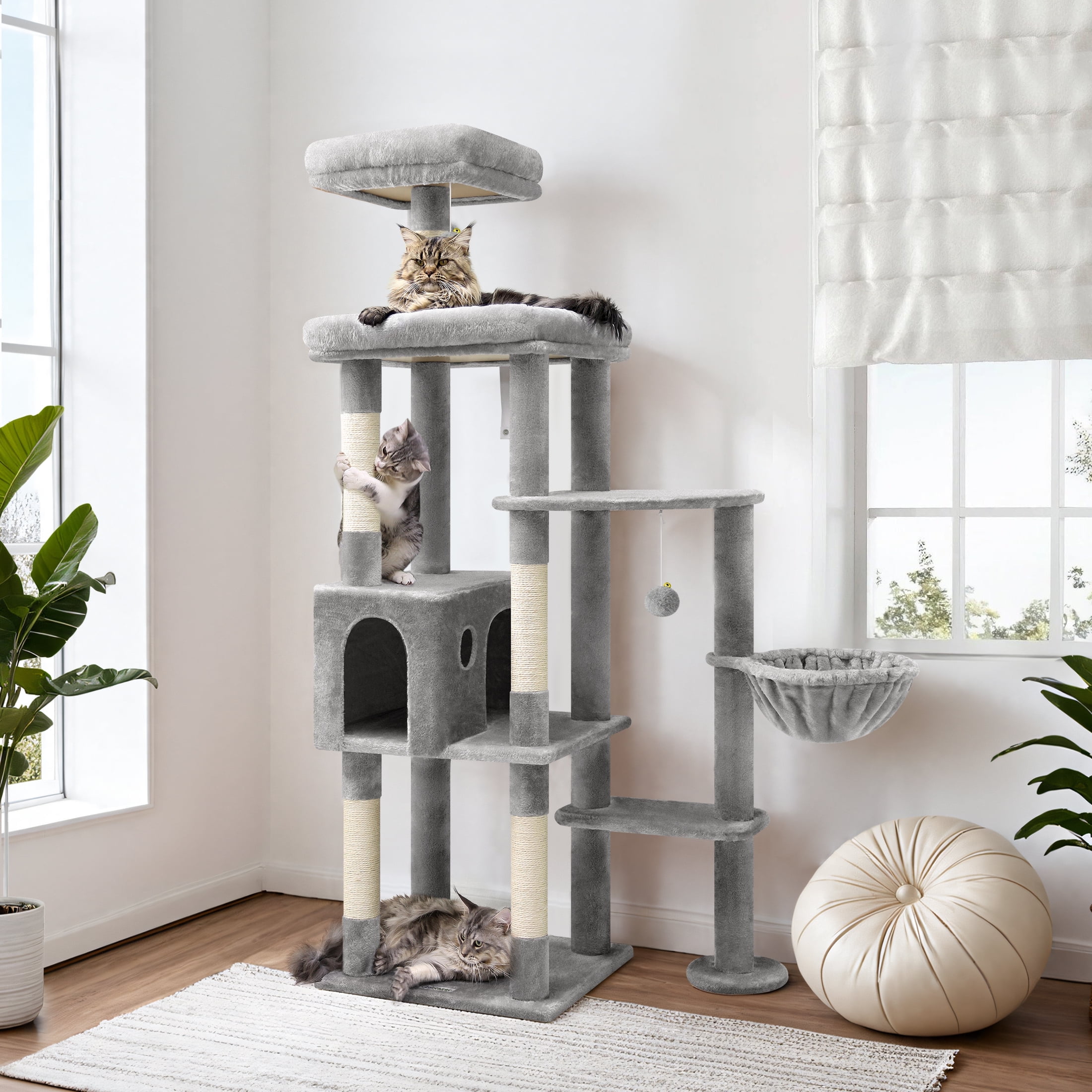 CT66F Extra Large Cat Tree | 65" Tall Indoor Cat Tower for Large Adults, Featuring 5 Scratching Posts, 2 Perches, Spacious Condo, and Hanging Basket in Light Grey