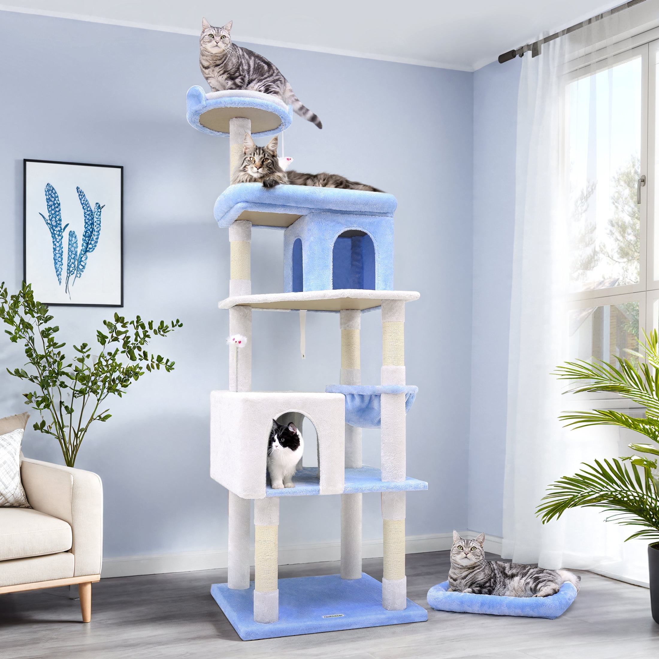 CT72S Heavy-Duty Ocean Blue Cat Tree | 72" Maine Coon Tower for Large Cats 20 lbs+ | Durable Playground with 6 Scratching Posts & Hammock