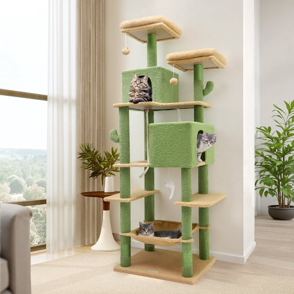 CT77F Cactus Cat Tree Tower | 76" Extra Tall Multi-Level Cat Castle with Cozy Condos, Perches, and Interactive Toys for Large Cats | Ideal for Climbing and Scratching