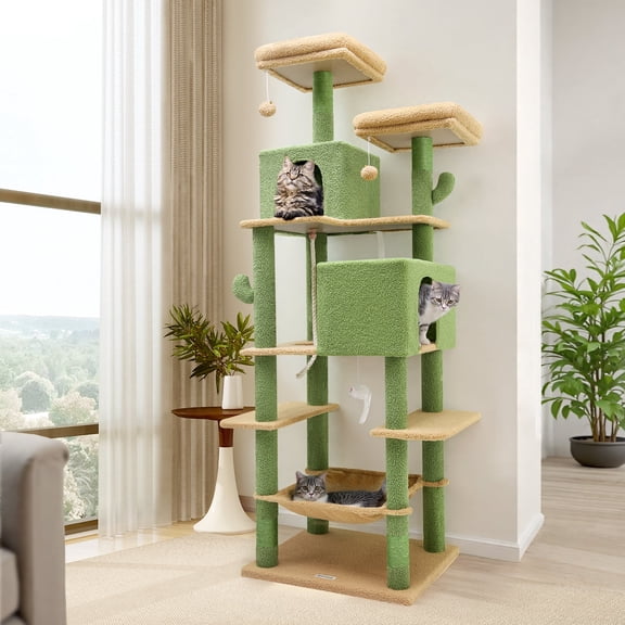 CT77F Cactus Cat Tree Tower | 76" Extra Tall Multi-Level Cat Castle with Cozy Condos, Perches, and Interactive Toys for Large Cats | Ideal for Climbing and Scratching