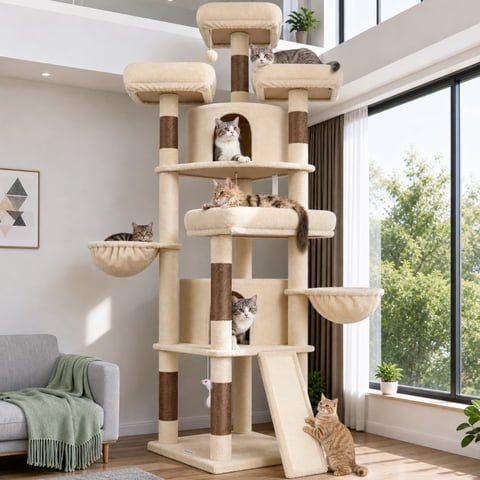Globlazer 80" Large Cat Tree Tower for Large Cats with 2 Cat Condo Hammock, 6 Scratching Posts for All Indoor Cats, Beige