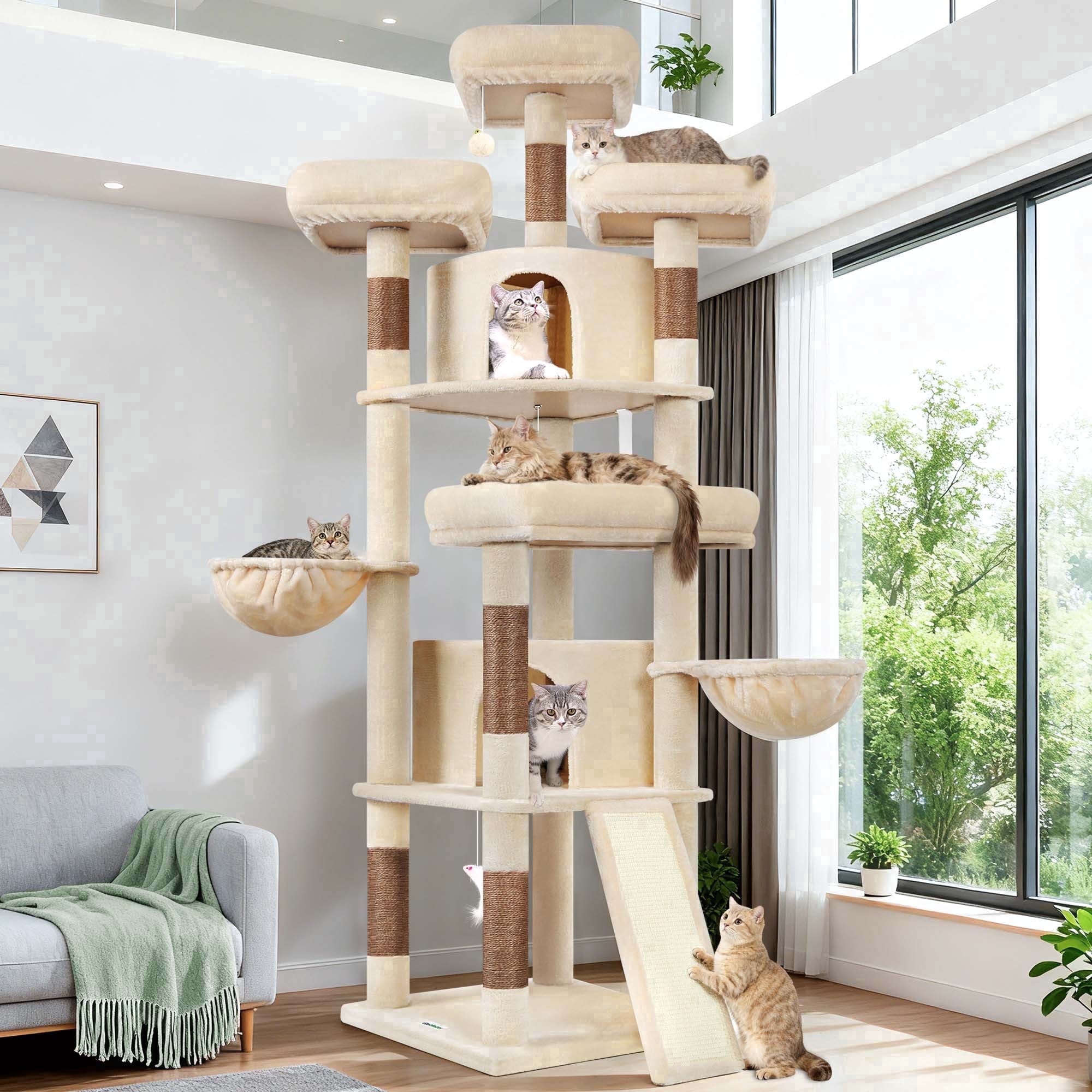 Globlazer 80in Heavy Duty Cat Tree for Large Cats, Multi-Level Cat Furniture Activity Center with 2 Condos,Hammocks,Perches & Sisal Scratching Posts,Beige