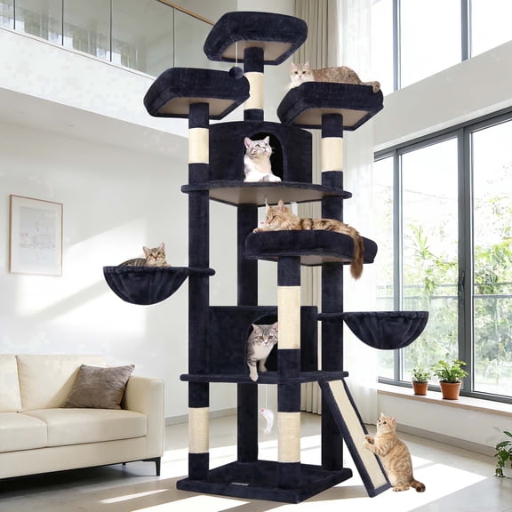 Globlazer 80'' Multi-Level Large Cat Tree Tower for Large Cats with 2 Condos, 2 Hammocks, 3 Perches & Sisal Scratching Posts, Dark Grey