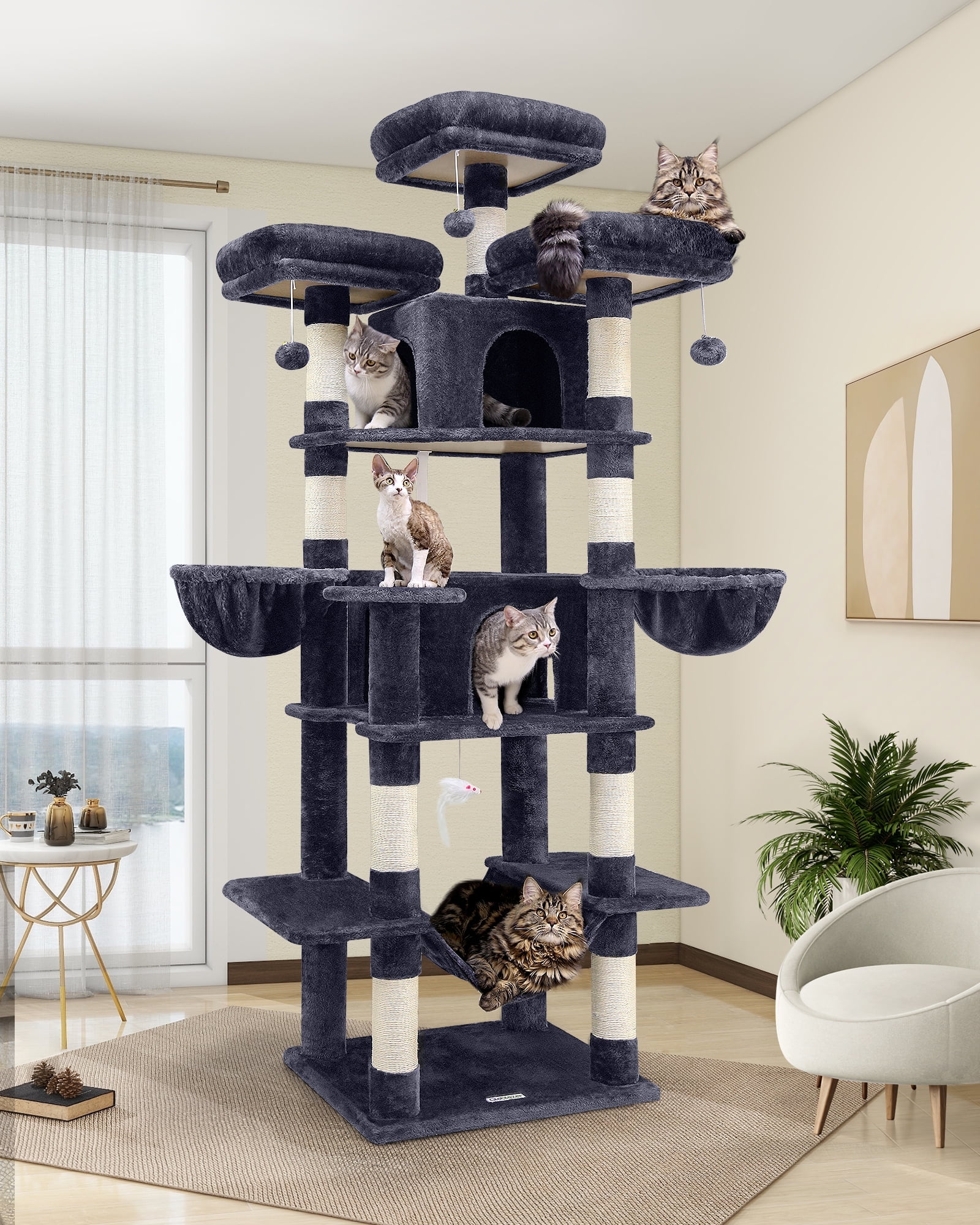 CT81F Big Cat Tower for Indoor Cats | 80-Inch XXL Cat Tree with Scratching Post, Hammock, 3 Perches, 2 Spacious Condos, 2 Hanging Baskets in Dark Grey