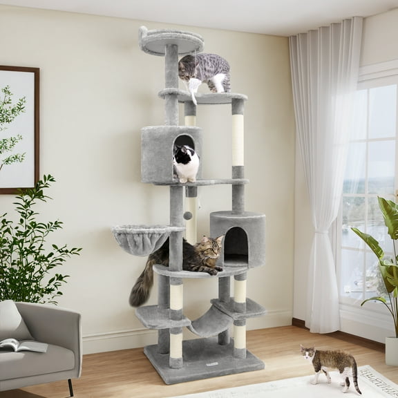 CT82C Max Tall Cat Tree for Large Cats | 81" Multi-Level Cat Tower with Hammock, Cozy Perches, Condo, Scratching Posts & Anti-Tip Kit, Light Grey