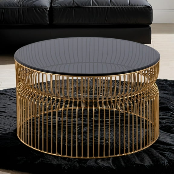 CT901 Modern Contemporary Gold Metal Coffee Table: 30" Round Tinted Tempered Glass Top, Freestanding Living Room Accent Furniture, Durable & Glossy Finish, India