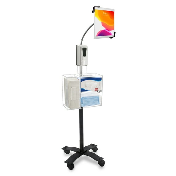 Compact Gooseneck Floor Stand for 7-13 Inch Tablets with Sanitizing Station & Automatic Soap Dispenser