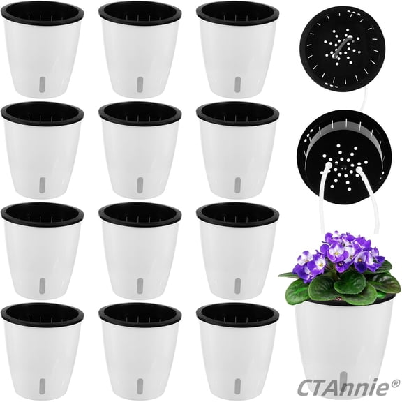 CTAnnie 5 Inch 12 Packs Self Watering Pots for Indoor Plants,with Drainage Holes Plastic Flower Pots with Water Indicator White Violet Pots for Indoor Outdoor Garden Home Office Decor