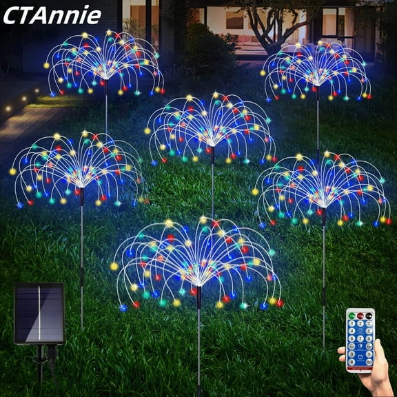 CTAnnie 6 Pack Solar Garden Lights, Firework Lights, Decorative, 8 Lighting Modes with Remote 120 LED Twinkling Waterproof Landscape Outdoor Decor, for Pathway Backyard Walkway Patio(Colorful)