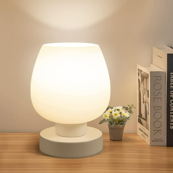 CTAnnie Touch Bedside Table Lamp - Modern Small Lamp for Bedroom Living Room Nightstand, Desk lamp with White Opal Glass Lamp Shade, Warm LED Bulb, 3 Way Dimmable, Simple Design Mother's Day Gifts