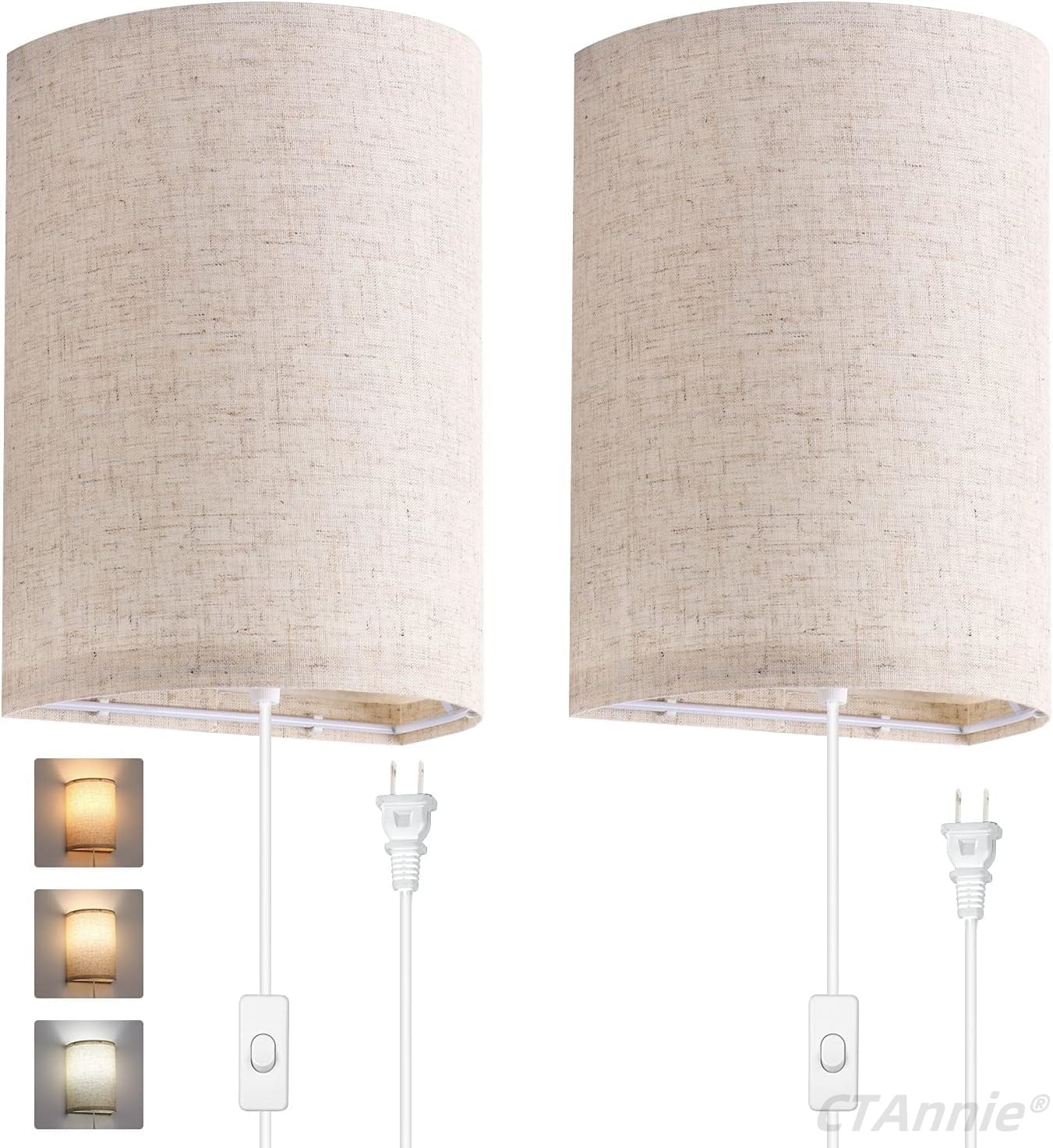 CTAnnie Wall Sconces Set of Two, Wall Lamp Plug in with On/Off Switch, 2700K 4000K 5000K Selectable, Wall Lights for Bedroom, Living Room, Wall Decor for Bedroom, Fabric Linen Lamp Shades