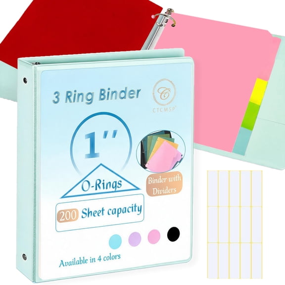 CTCMSP 1 inch 3 Ring Binder with Dividers Tab,Plastic File Dividers Binder Organizer Fits 200 Sheets of 8.5x11 Paper,Heavy Duty Customizable Clear Cover Binder for School Office