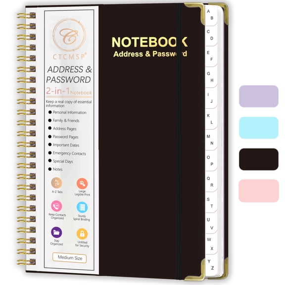 CTCMSP Spiral Address Password Book with Alphabetical Tabs,Large Print Hardcover Notebook,6.3"×8.5",Black