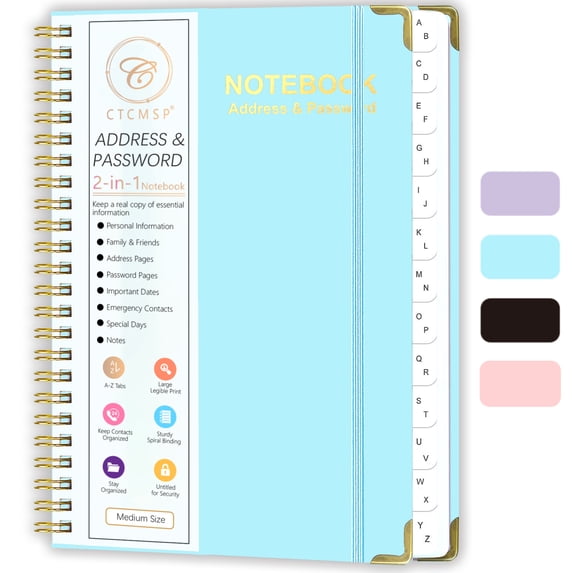 CTCMSP Spiral Address Password Book with Alphabetical Tabs,Large Print Hardcover Notebook,6.3"×8.5",Blue