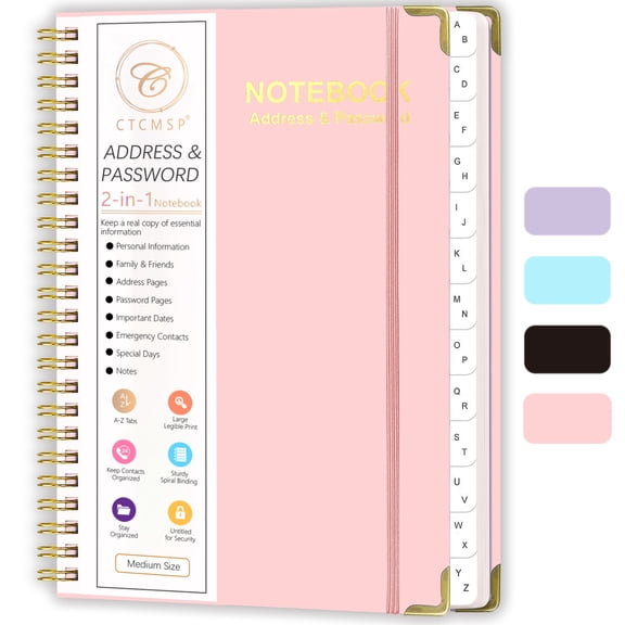 CTCMSP Spiral Address Password Book with Alphabetical Tabs,Large Print Hardcover Notebook,6.3"×8.5",Pink