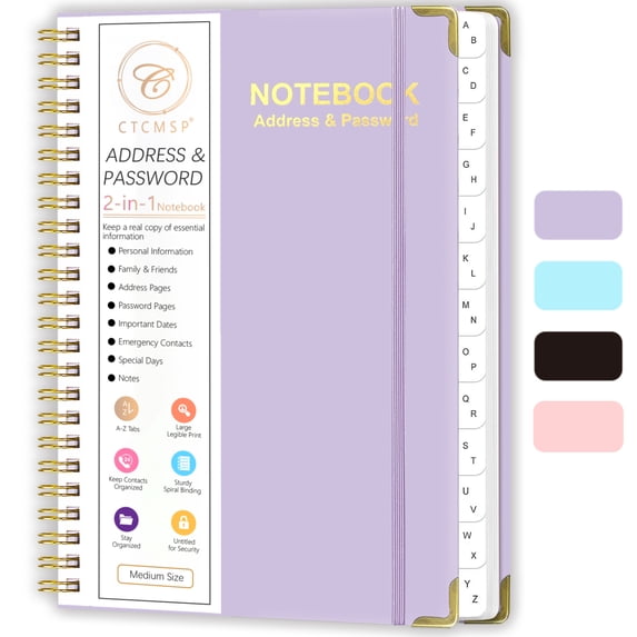 CTCMSP Spiral Address Password Book with Alphabetical Tabs,Large Print Hardcover Notebook,6.3"×8.5",Purple