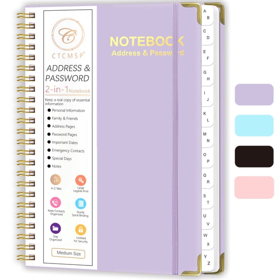 CTCMSP Spiral Address Password Book with Alphabetical Tabs,Large Print Hardcover Notebook,6.3"×8.5",Purple