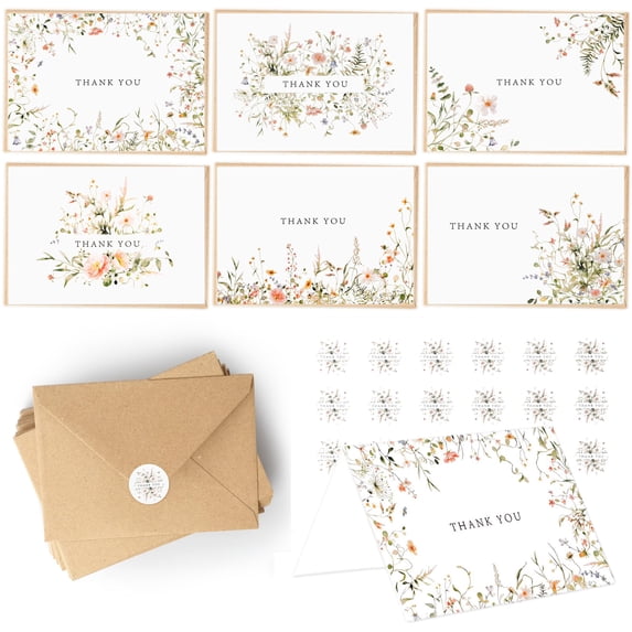 CTCMSP Wildflower Floral Thank You Cards With Envelopes (4"x6",6 Colors ,18Pack),Blank Cards With Adhesive Envelopes&Matching Stickers for Wedding,Bridal Showers,Baby,Showers,Birthday,All Occasion