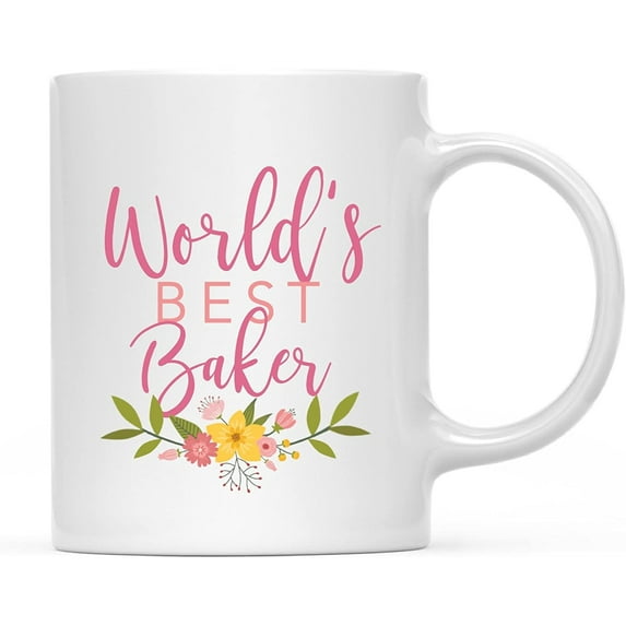 CTDream 11oz. Coffee Mug Gag Gift, World's Best Baker, Floral Design, 1-Pack, Beautiful Unique Flower Coffee Cup Birthday Christmas Present Ideas for Her Women Wife Sister