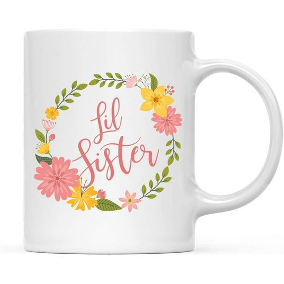 CTDream 11oz. Coffee Mug, Lil Sister, Floral Wreath, 1-Pack, Birthday Christmas Present Ideas for Her Wife