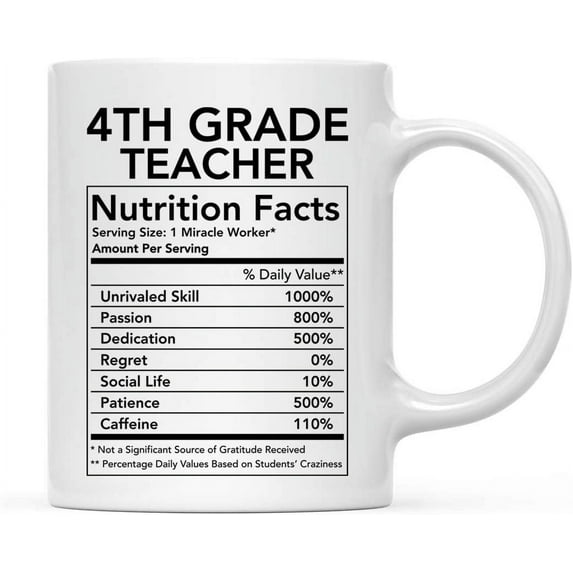 CTDream Funny 11oz. Ceramic Coffee Tea Mug Thank You Gift, 4th Grade Teacher Nutritional Facts, 1-Pack, Novelty Gag Birthday Christmas Gift Ideas Coworker