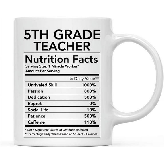 CTDream Funny 11oz. Ceramic Coffee Tea Mug Thank You Gift, 5th Grade Teacher Nutritional Facts, 1-Pack, Novelty Gag Birthday Christmas Gift Ideas Coworker