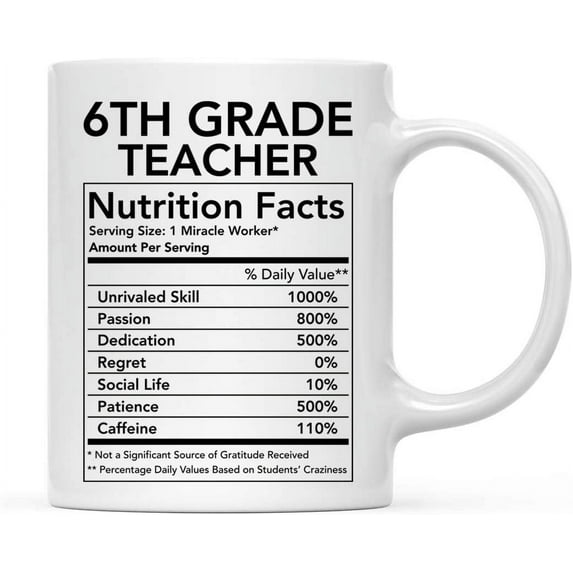 CTDream Funny 11oz. Ceramic Coffee Tea Mug Thank You Gift, 6th Grade Teacher Nutritional Facts, 1-Pack, Novelty Gag Birthday Christmas Gift Ideas Coworker
