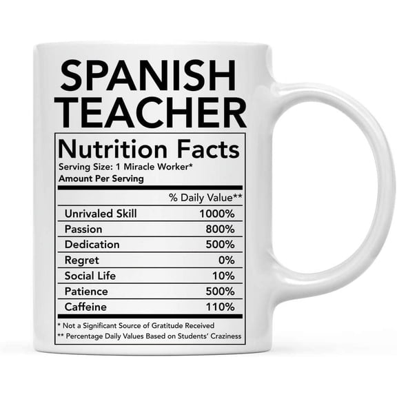 CTDream Funny 11oz. Ceramic Coffee Tea Mug Thank You Gift, Spanish Teacher Nutritional Facts, 1-Pack