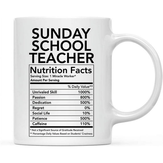 CTDream Funny 11oz. Ceramic Coffee Tea Mug Thank You Gift, Sunday School Teacher Nutritional Facts, 1-Pack, Novelty Gag Birthday Christmas Gift Ideas Coworker