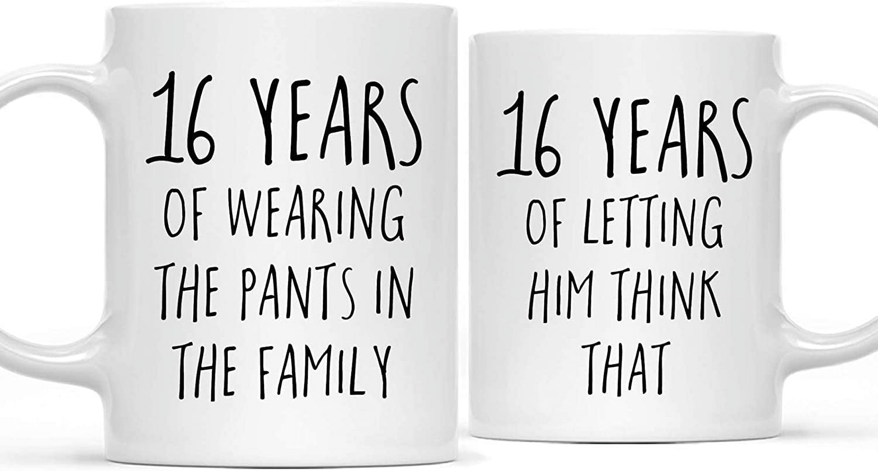 CTDream Funny 16th Wedding Anniversary 11oz. Couples Coffee Mug Gag Gift, 16  Years of Wearing the Pants in the Family, Letting Him Think That, 2-Pack  with Gift Box for Husband Wife Parents -