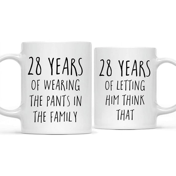 CTDream Funny 28th Wedding Anniversary 11oz. Couples Coffee Mug Gag Gift, 28 Years of Wearing the Pants in the Family, Letting Him Think That, 2-Pack with Gift Box for Husband Wife Parents