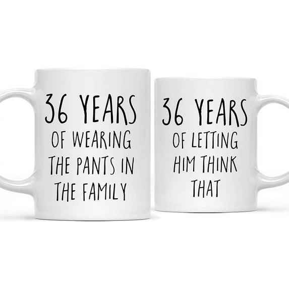 CTDream Funny 36th Wedding Anniversary 11oz. Couples Coffee Mug Gag Gift, 36 Years of Wearing the Pants in the Family, Letting Him Think That, 2-Pack with Gift Box for Husband Wife Parents