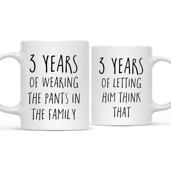 CTDream Funny 3rd Wedding Anniversary 11oz. Couples Coffee Mug Gag Gift, 3 Years of Wearing the Pants in the Family, Letting Him Think That, 2-Pack with Gift Box for Husband Wife Parents