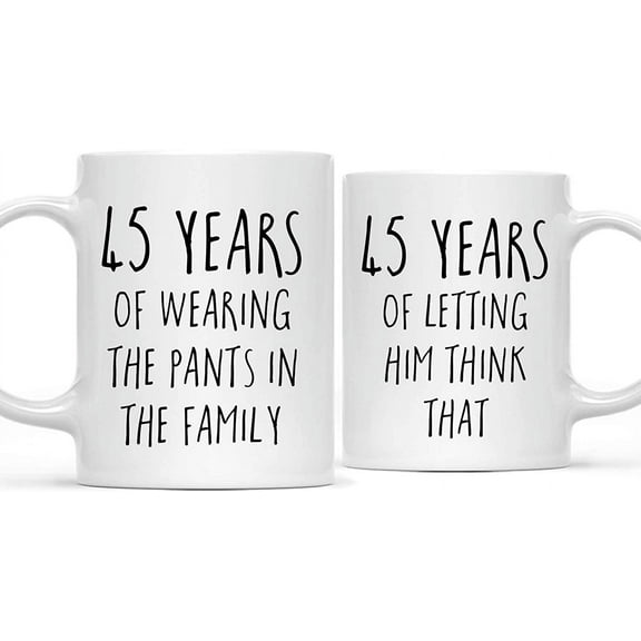 CTDream Funny 45th Wedding Anniversary 11oz. Couples Coffee Mug Gag Gift, 45 Years of Wearing the Pants in the Family, Letting Him Think That, 2-Pack with Gift Box for Husband Wife Parents