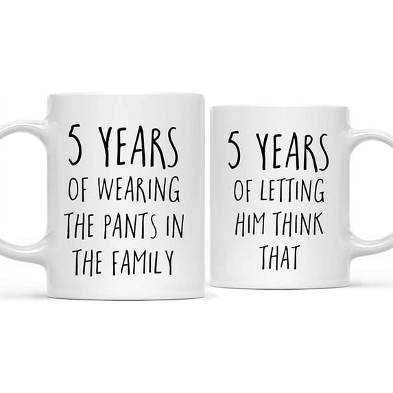 CTDream Funny 5th Wedding Anniversary 11oz. Couples Coffee Mug Gag Gift, 5 Years of Wearing the Pants in the Family, Letting Him Think That, 2-Pack with Gift Box for Husband Wife Parents