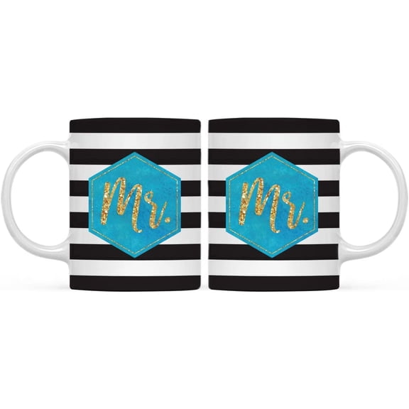 CTDream Gay Wedding Party Couple 11oz. Coffee Mug Gift, Mr. and Mr., Modern Black White Stripes Hot Pink Fuchsia Watercolor with Faux Gold Glitter, 2-Pack, Birthday Present Ideas